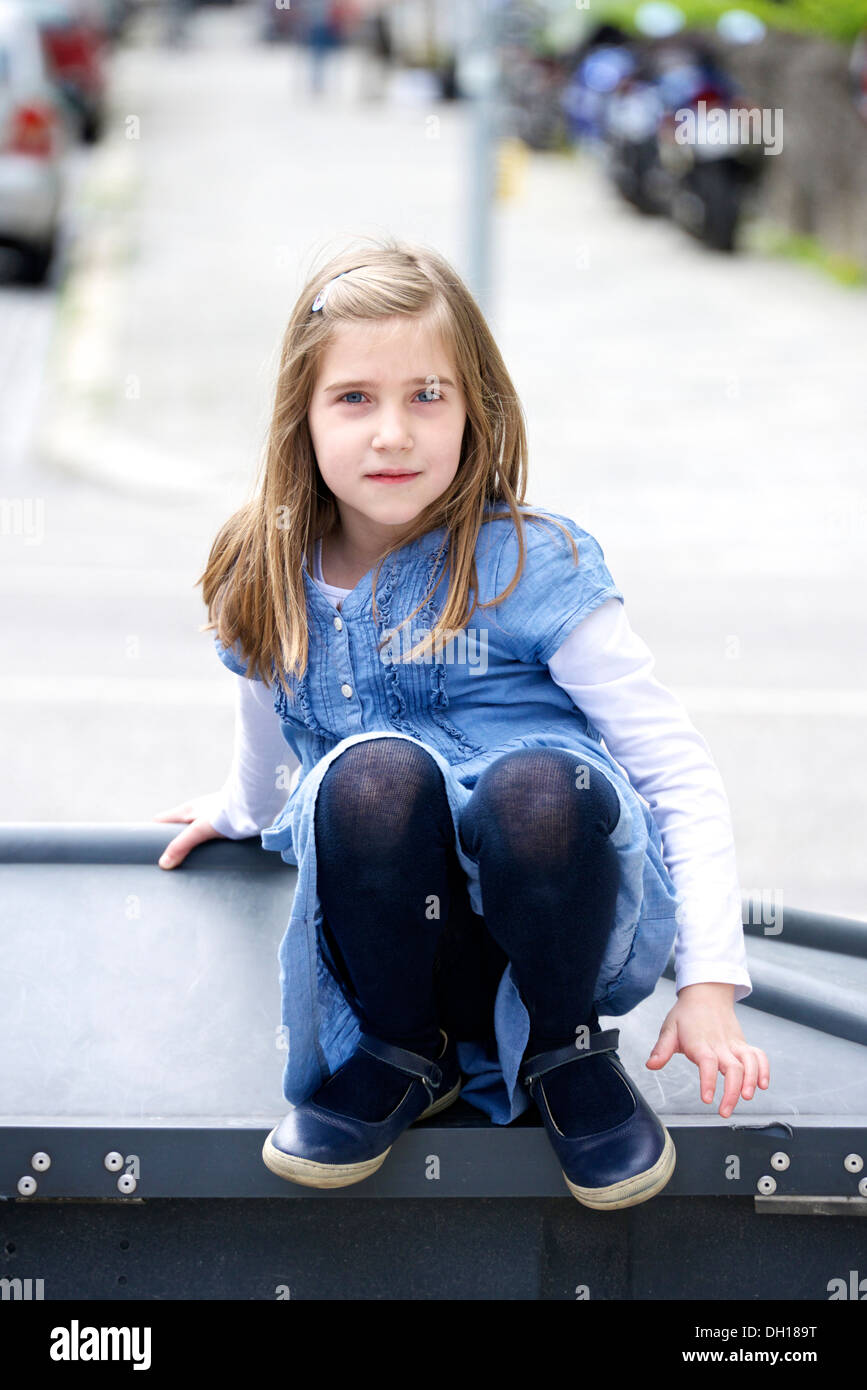Little girl with blond hair, portrait, Munich, Bavaria, Germany Stock Photo