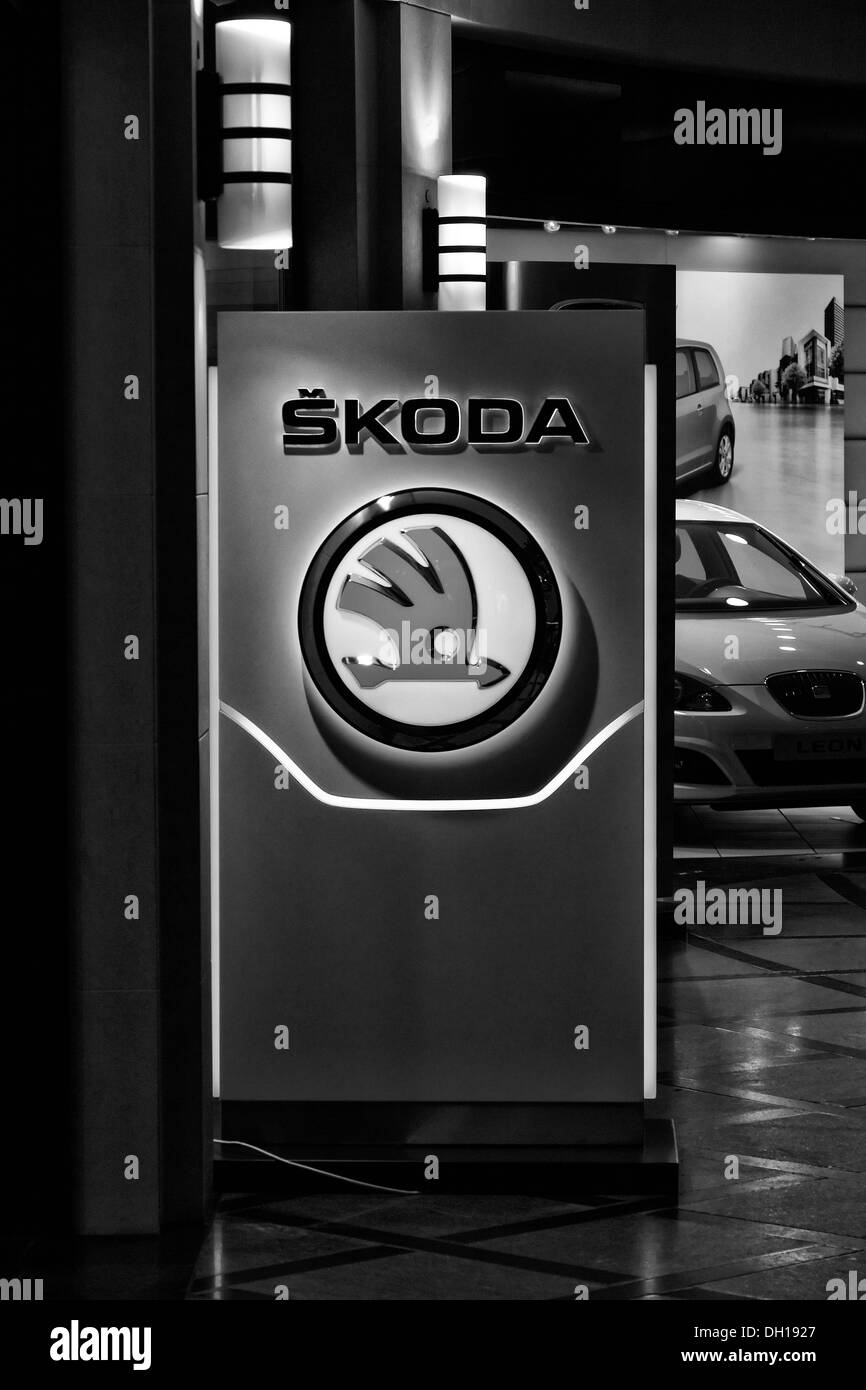 Car dealer selling Skoda. Black and white. Stock Photo