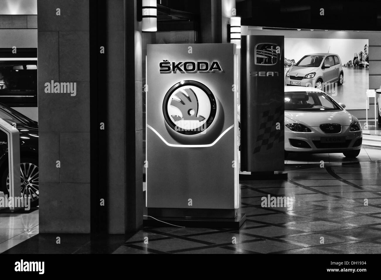 Car dealer selling Skoda and Seat. Black and white. Stock Photo