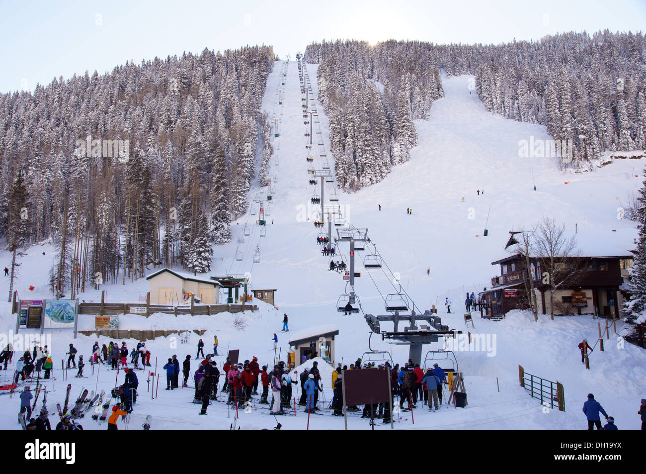 aerial view of ski lift ski-lift conveyor gondola chair-lift chair taos valley resort alpine village lodge new Stock Photo