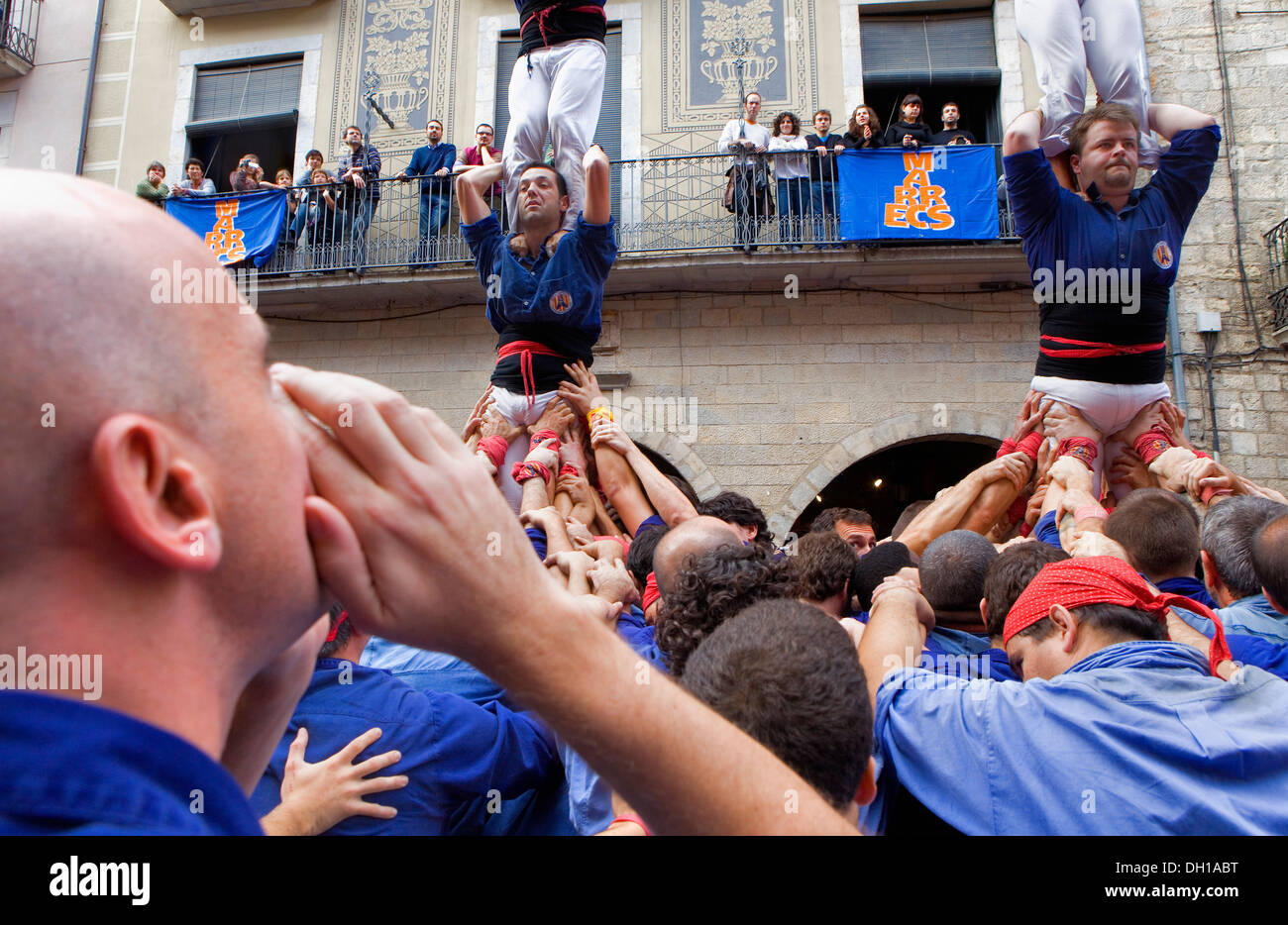 Capgrossos de Mataró.'Castellers' building human towers.Fires i festes de Sant Narcis.Plaça del Vi.Girona.Spain Stock Photo