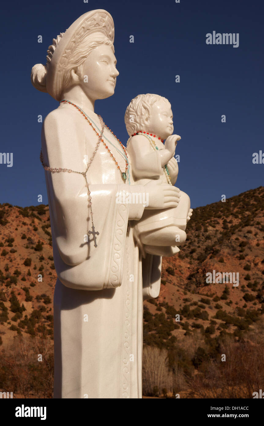 madonna and child kid sculpture statue El Santuario de Chimayo Roman Catholic church in New Mexico nm USA. is Stock Photo