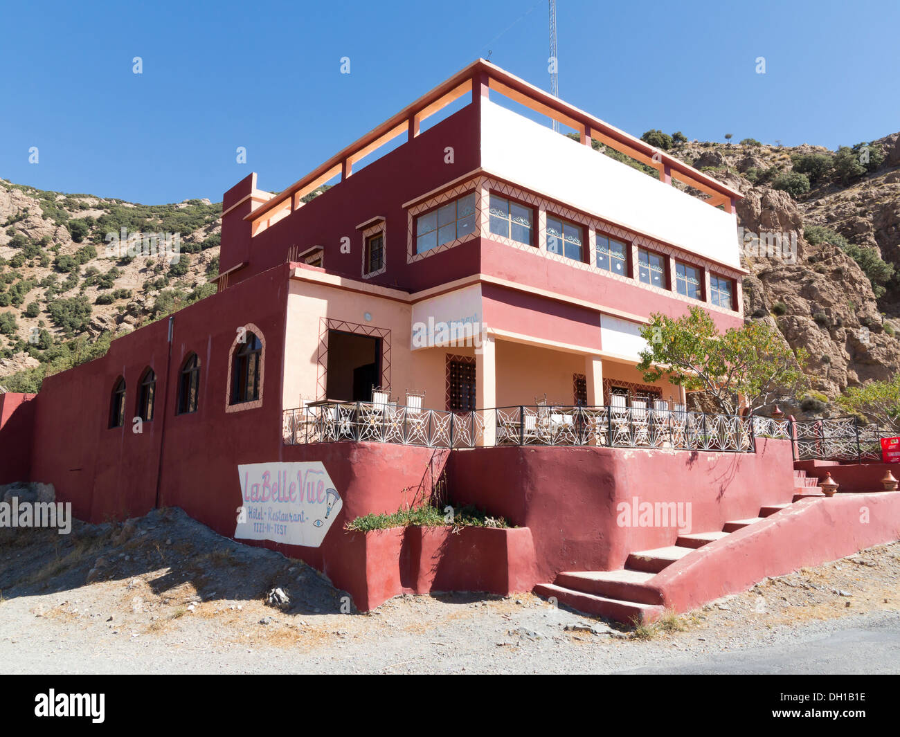 Cafe on the winding road over the Tizi n' Test pass Morocco, North Africa Stock Photo