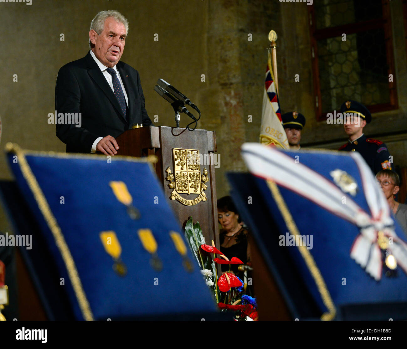 Prague, Czech Republic. 28th Oct, 2013. Czech President Milos Zeman awarded 29 selected personalities on the 95th anniversary of establishment of Independent Czechoslovakia today and said he does not comprehend history as a competition of abstract ideas, but as a competition of specific people´s ideas. He said the path of none of the awarded was steeply rising right from the start, but that they had often to cope with injuries, mistakes or slanders. Two of the 29 awarded got the Order of Tomas Garrigue Masaryk, the rest the Medal of Merit. © CTK/Alamy Live News Stock Photo