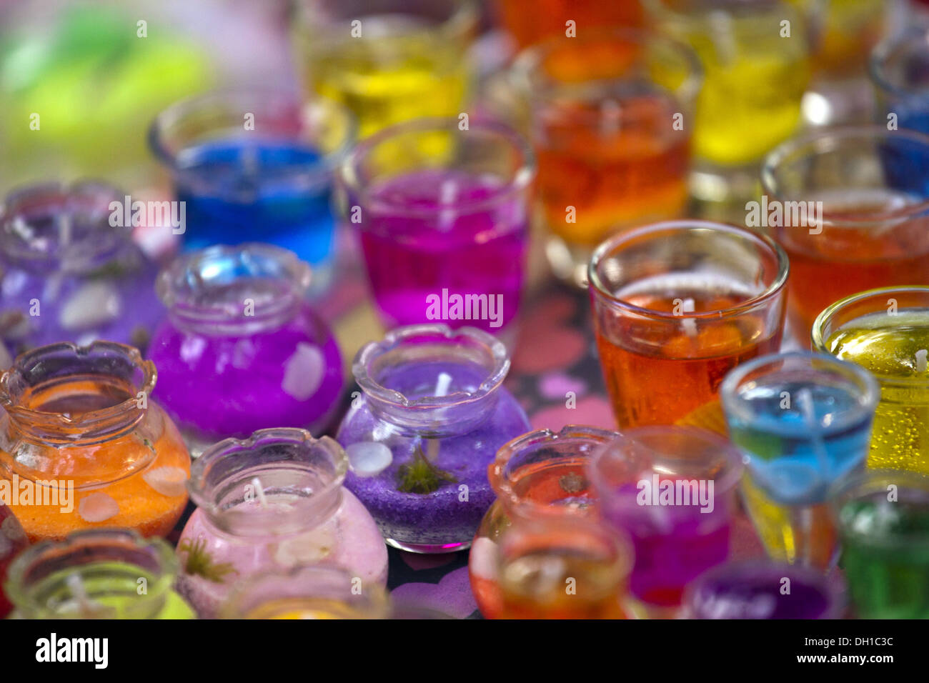Multicoloured gel wax lamps sale for diwali dadar mumbai Maharashtra india Asia Stock Photo