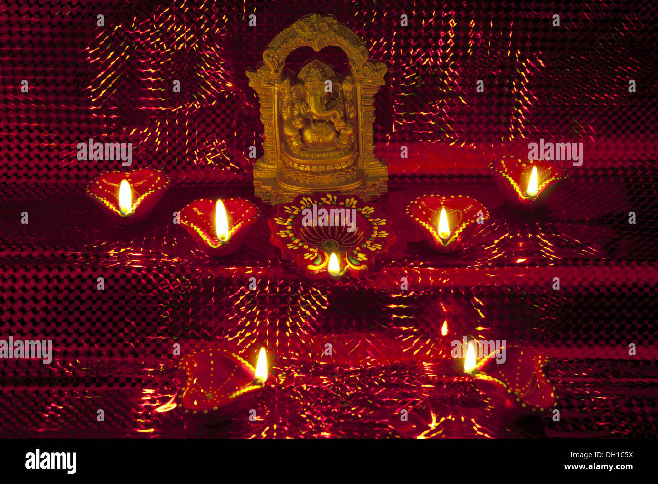 Ganpati idol with earthen oil lamps on diwali festival Mumbai Maharashtra India Asia Stock Photo
