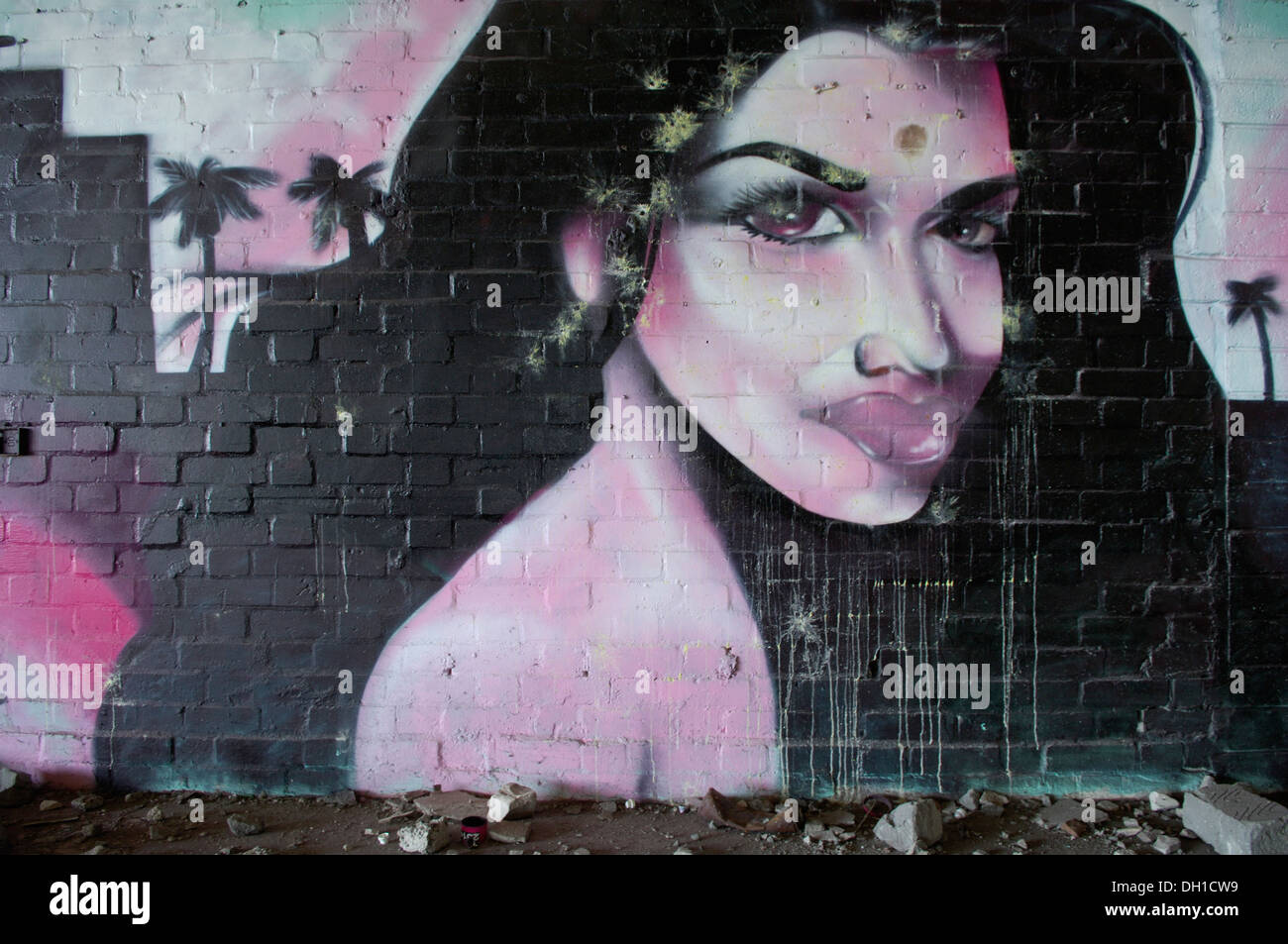 Graffiti found in a ruined industrial unit is Port Talbot South Wales, the factory has since been knocked down. Stock Photo