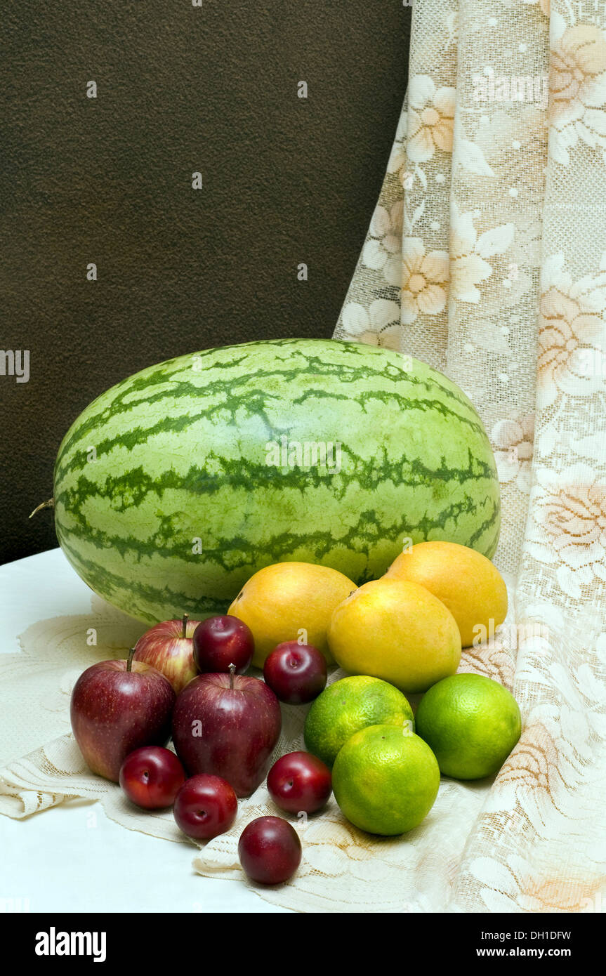Fruits watermelon mangoes apples plums oranges Stock Photo Alamy