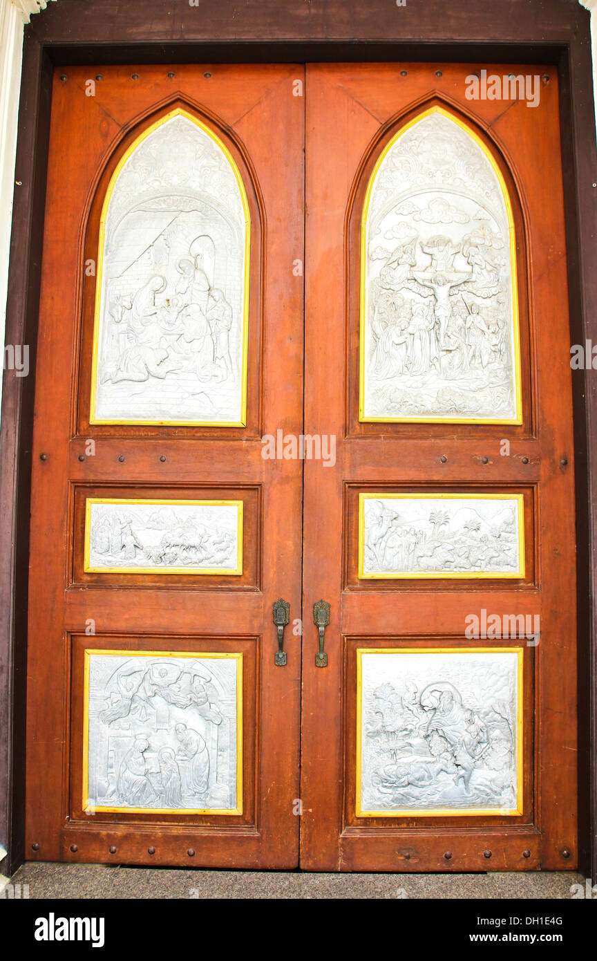 Jesus picture on silver carve art on door Stock Photo