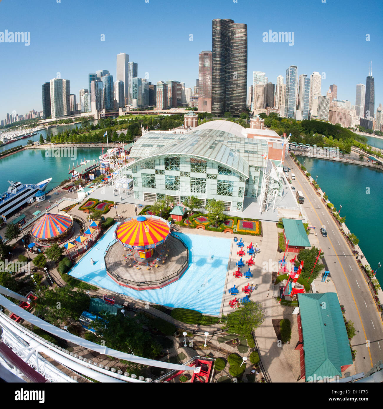 A spectacular, fisheye view of Navy Pier and the Chicago skyline as seen from the top of the Navy Pier Ferris wheel. Stock Photo