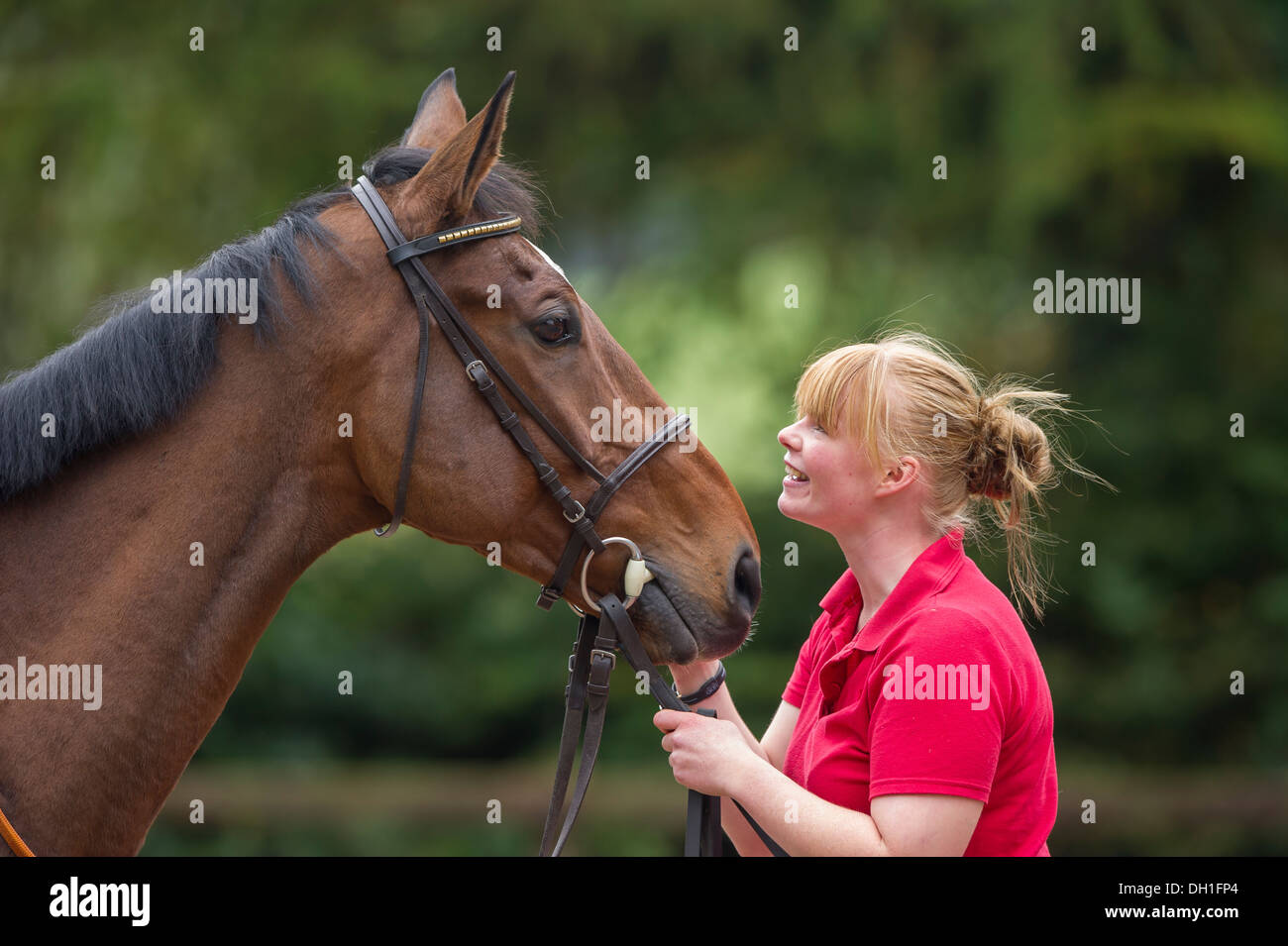 former jockey and racehorse trainer Jess Westwood in Exford with horse Monkerty Tunkerty Stock Photo