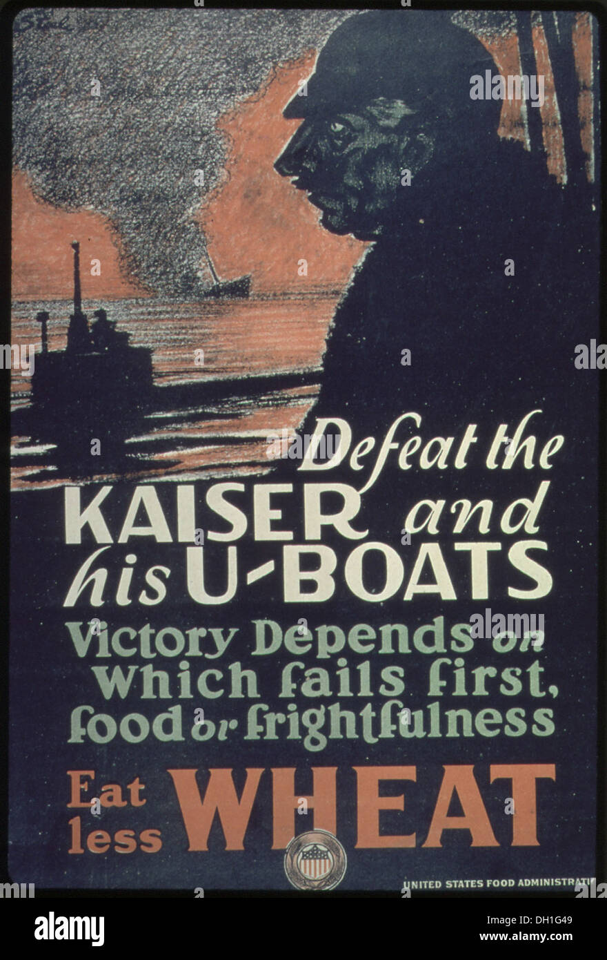 A World War I-era poster urging Americans to reduce wheat consumption to help defeat the Kaiser and his U-Boats, highlighting wartime rationing efforts. Stock Photo