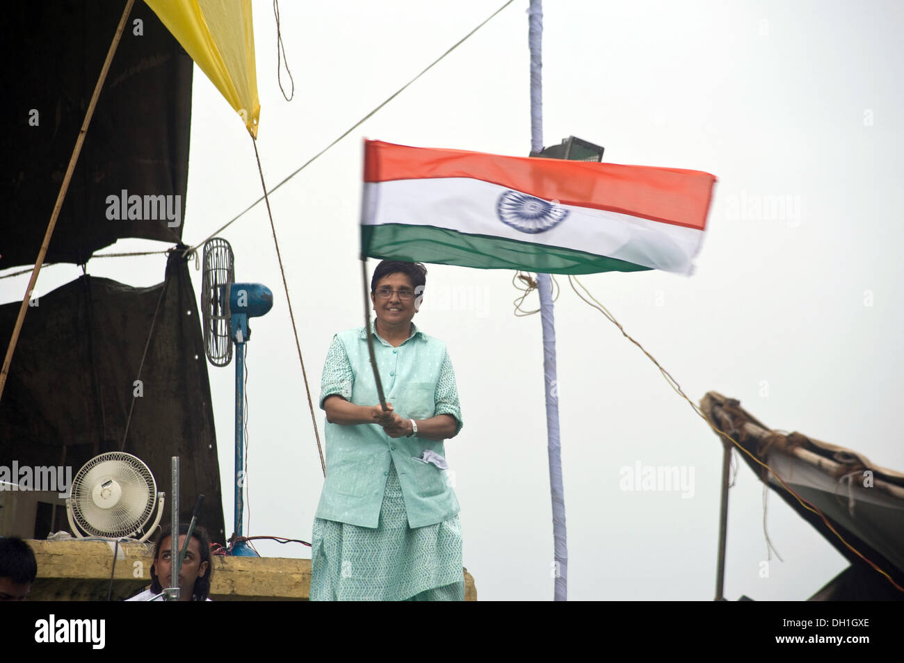 Kiran Bedi waving Indian flag supporting Anna Hazare at Ramlila Maidan new delhi India Asia Stock Photo