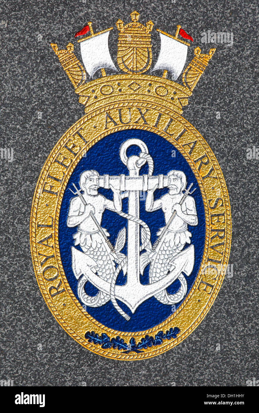 The Royal Fleet Auxiliary Service crest, badge or coat of arms at the The National Memorial Arboretum, Alrewas, near Lichfield, England, UK Stock Photo