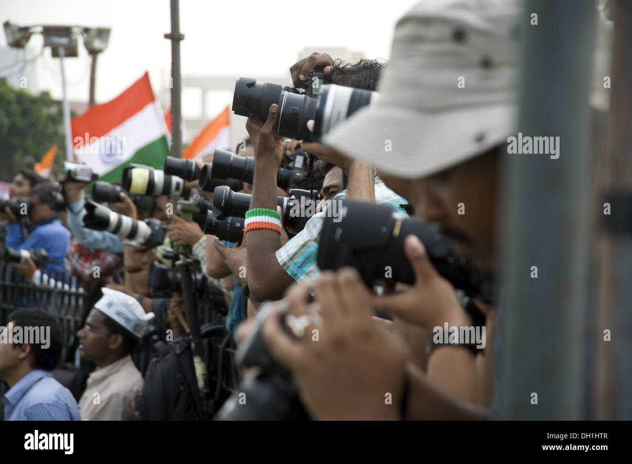 Press photographers at Anna Hazare anti corruption meeting agitation in ramlila maidan , new delhi ,  India , Asia Stock Photo