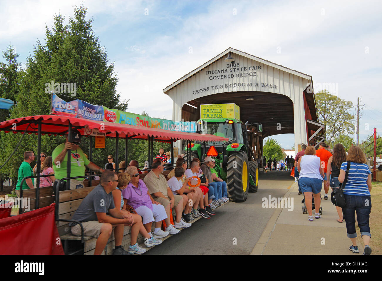 Tourists riding the tractor train through the Indiana State Fair