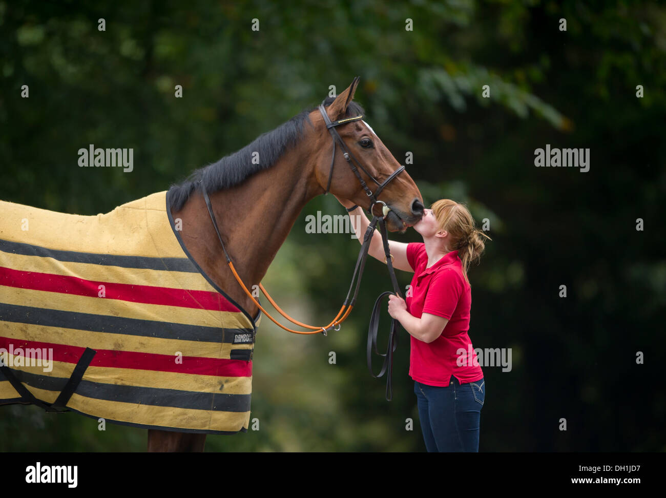 former jockey and racehorse trainer Jess Westwood in Exford with horse Monkerty Tunkerty Stock Photo