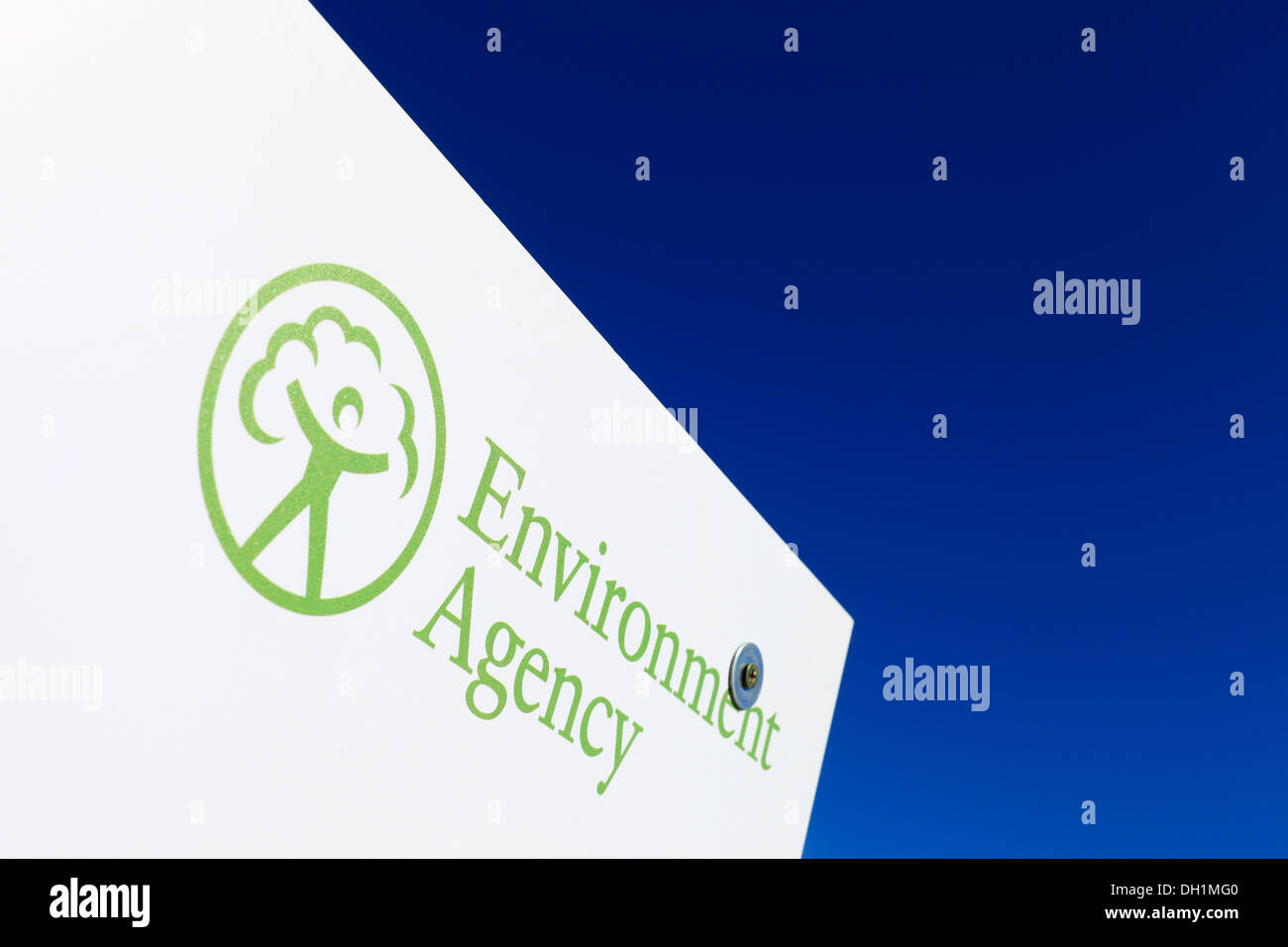 Environment Agency logo on a board with blue sky behind. Stock Photo