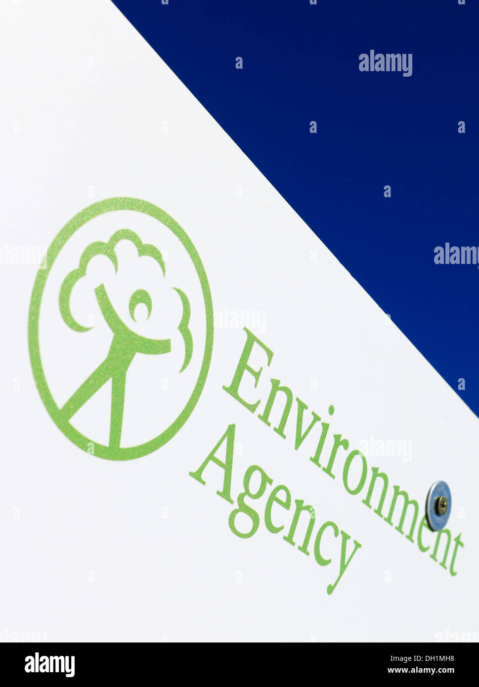 Environment Agency logo on a board with blue sky behind. Stock Photo