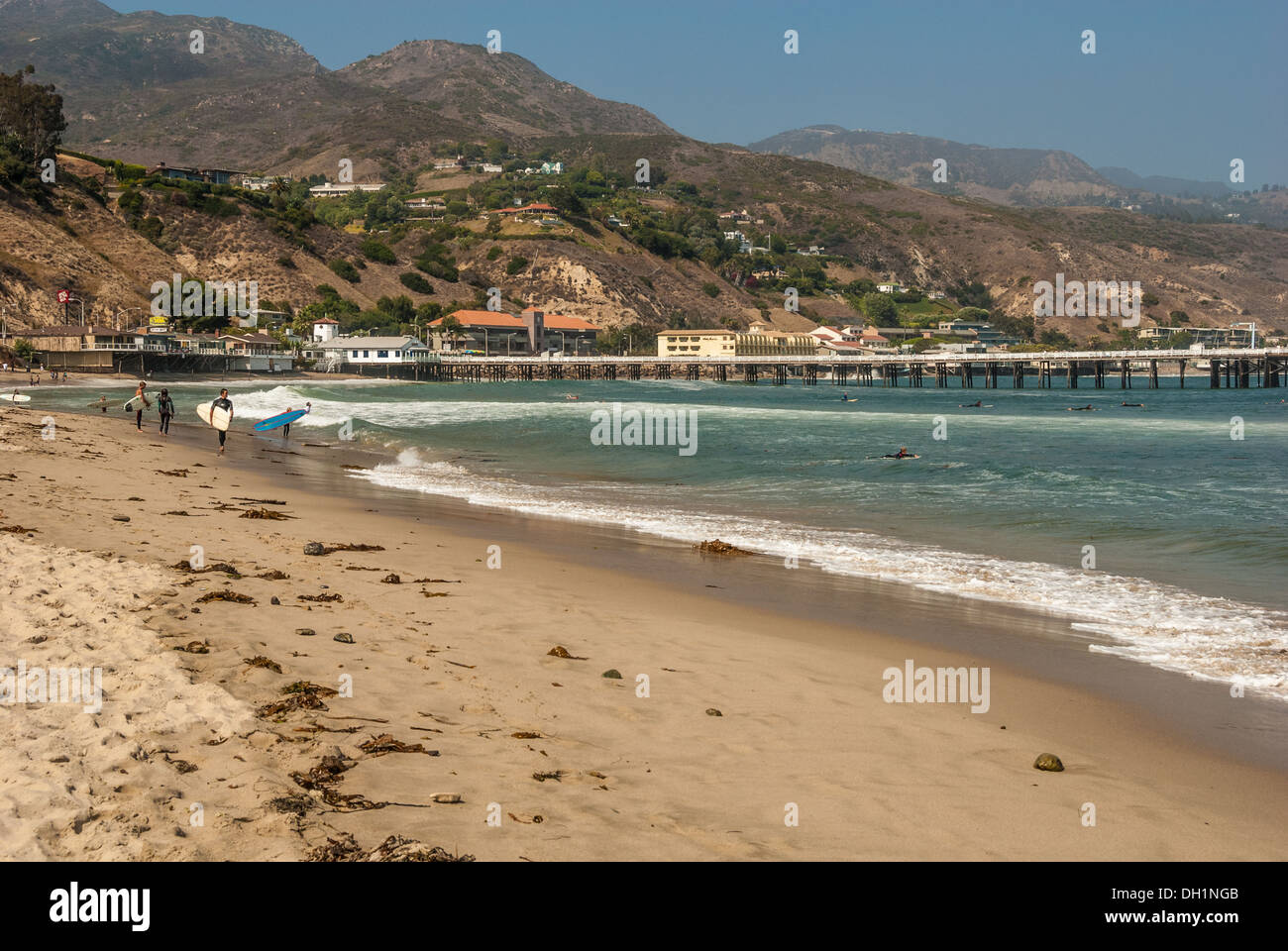 Malibu Beach, California, is a magnet for surfers who gather to enjoy the long, clean lines of Summer swells at this classic point break. (USA) Stock Photo