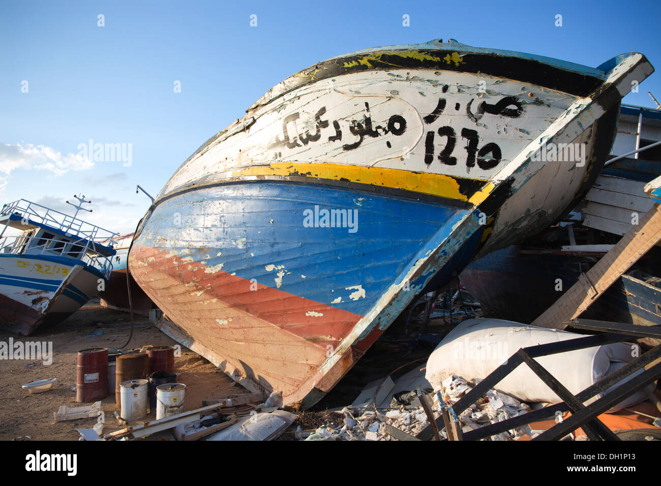 African fishing vessels seized by the Italian Coastguards, captured from African refugees trying to land in Lampedusa, Italy Stock Photo