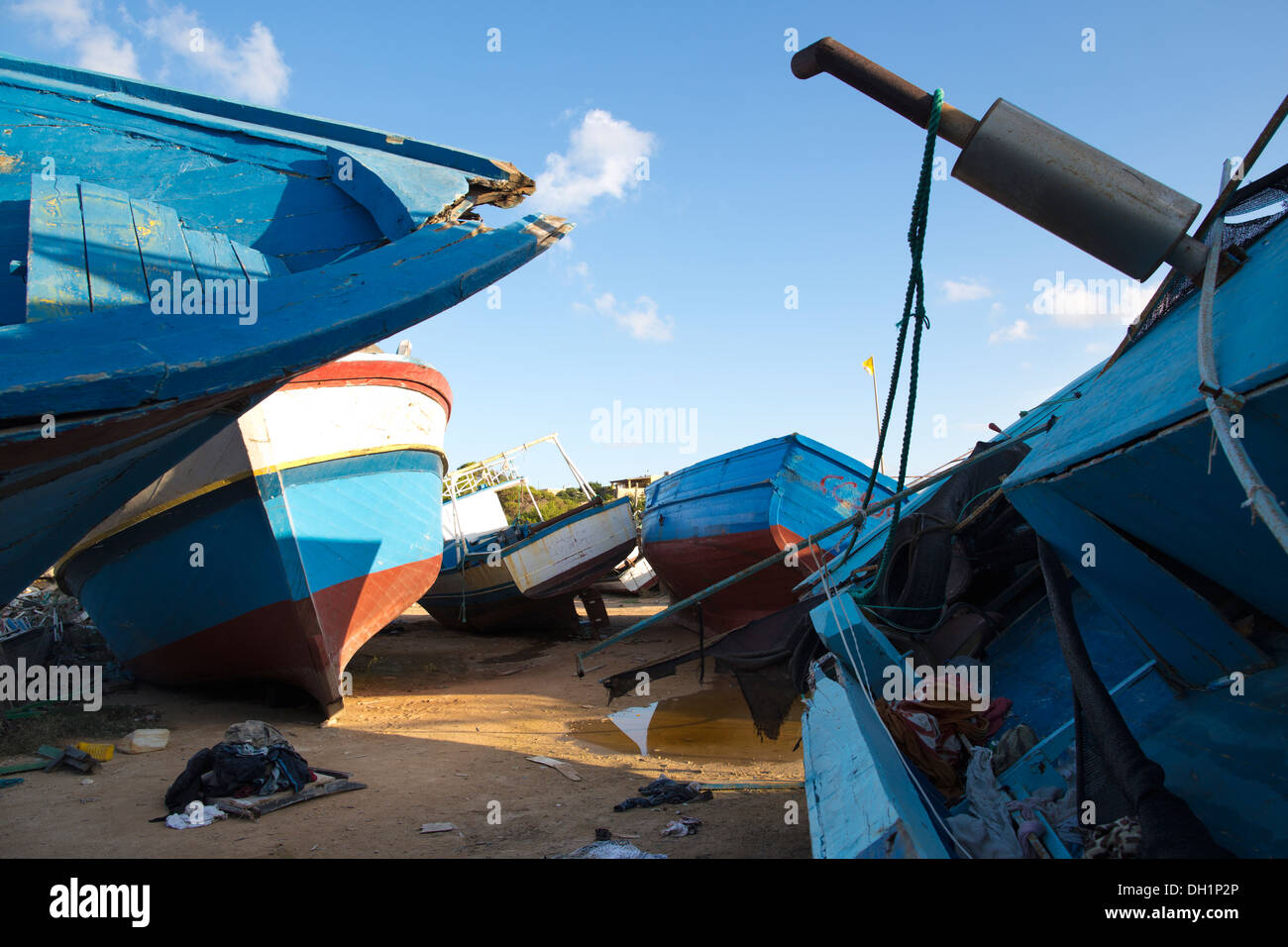 African fishing vessels seized by the Italian Coastguards, captured from African refugees trying to land in Lampedusa, Italy Stock Photo