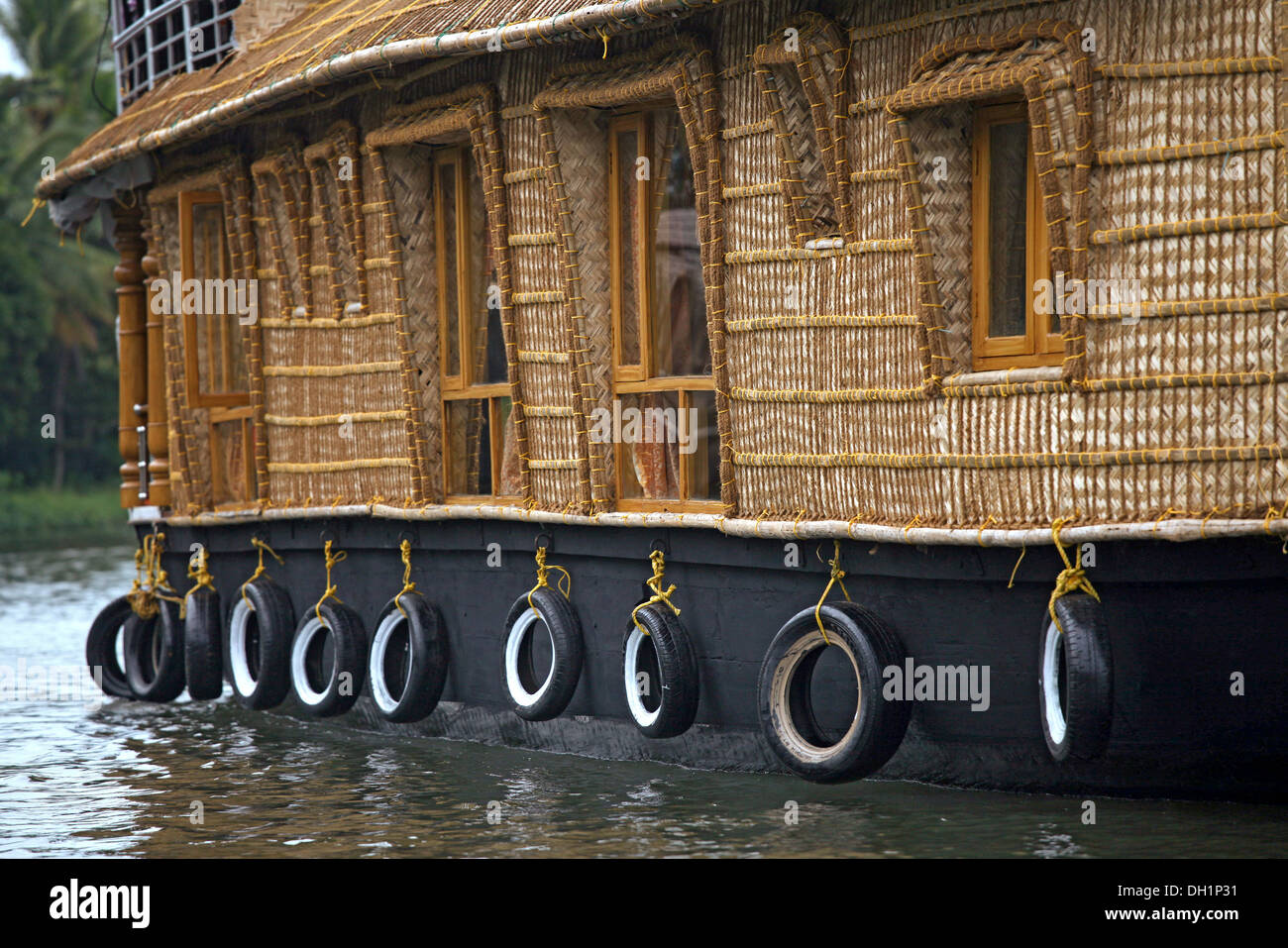 safety tyres in houseboat in Punnamada Lake at Alleppey Kerala India Stock Photo
