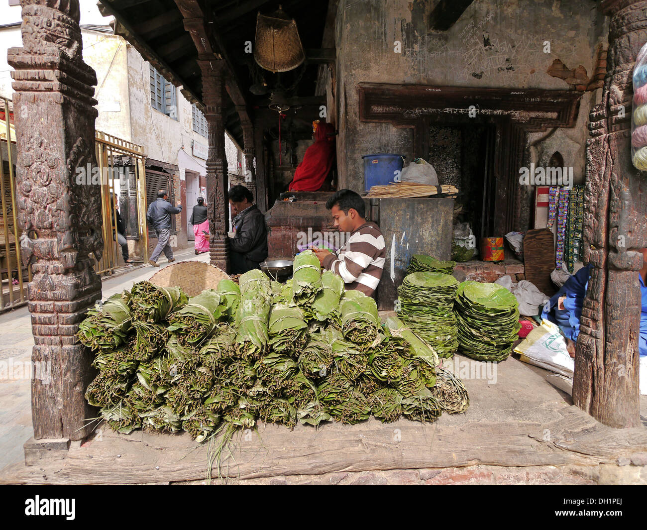 Nepal Durbar Square, Kathmandu. Seller of betel nut and leaves for chewing. Stock Photo