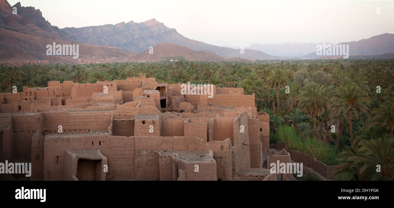 Panoramic view of old village and the Palmeries in the Draa Valley near Agdz, Southern Morocco, North Africa Stock Photo