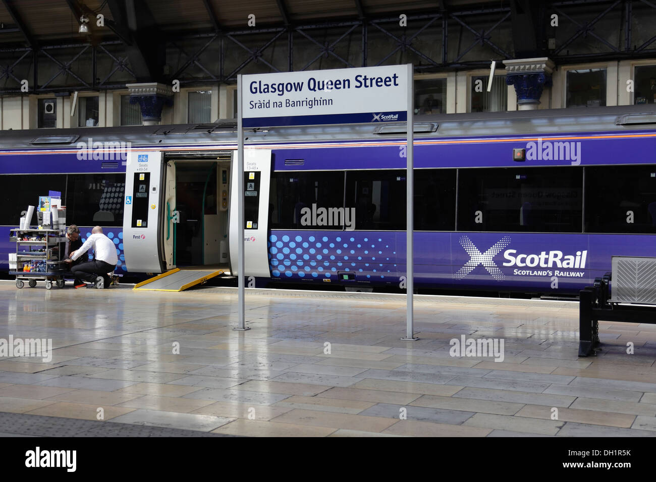 Queen Street Station with a Scotrail Train at a platform, Glasgow city centre, Scotland, UK Stock Photo
