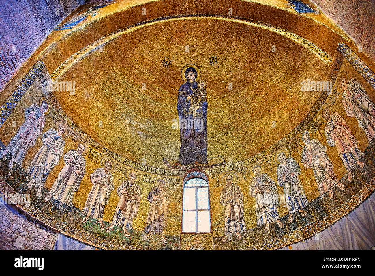 Byzantine Mosaics of the Virgin Mary and Child above the altar of the Cathedral of Santa Maria Assunta. Torcello Venice Stock Photo