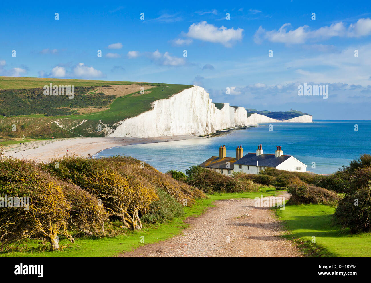 The Seven Sisters cliffs, the coastguard cottages on the South Downs Way, South Downs National Park, East Sussex, England, UK, GB, Europe Stock Photo