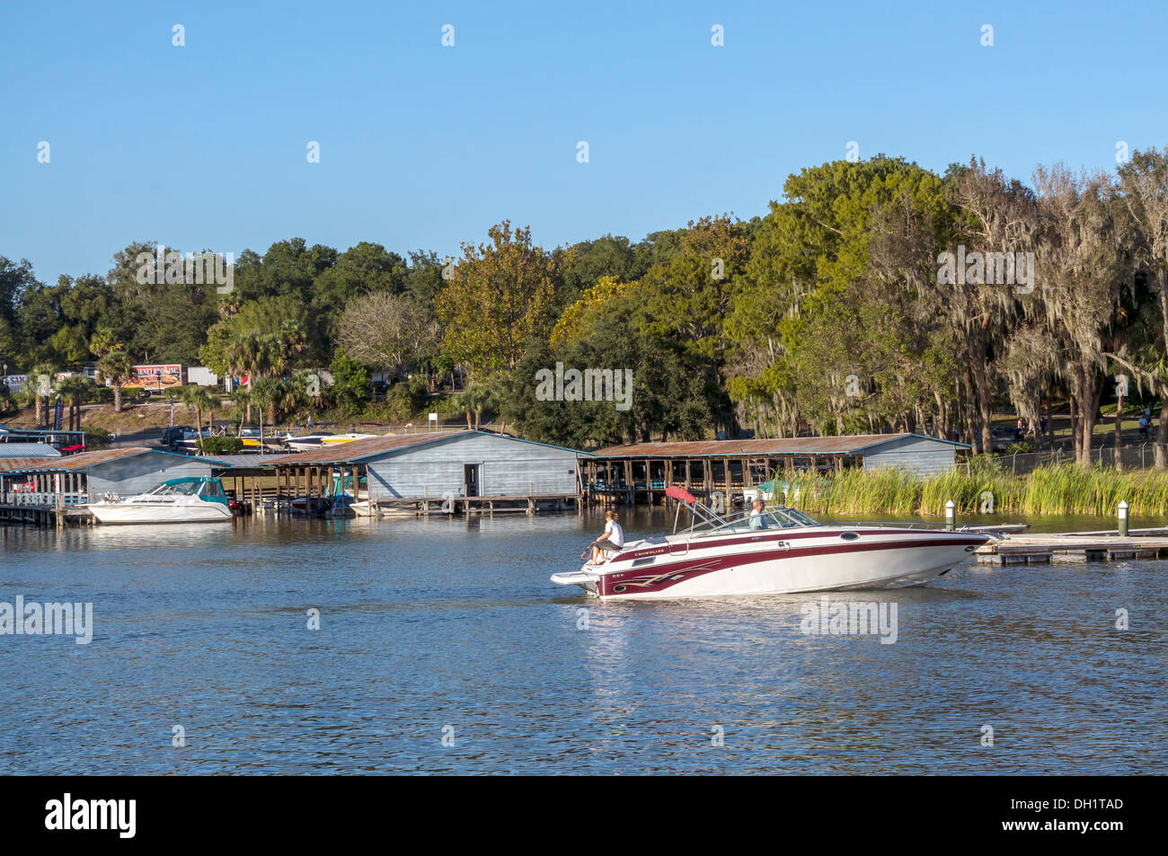 Crownline speedboat cruising in the Mount Dora harbor on Lake Dora in