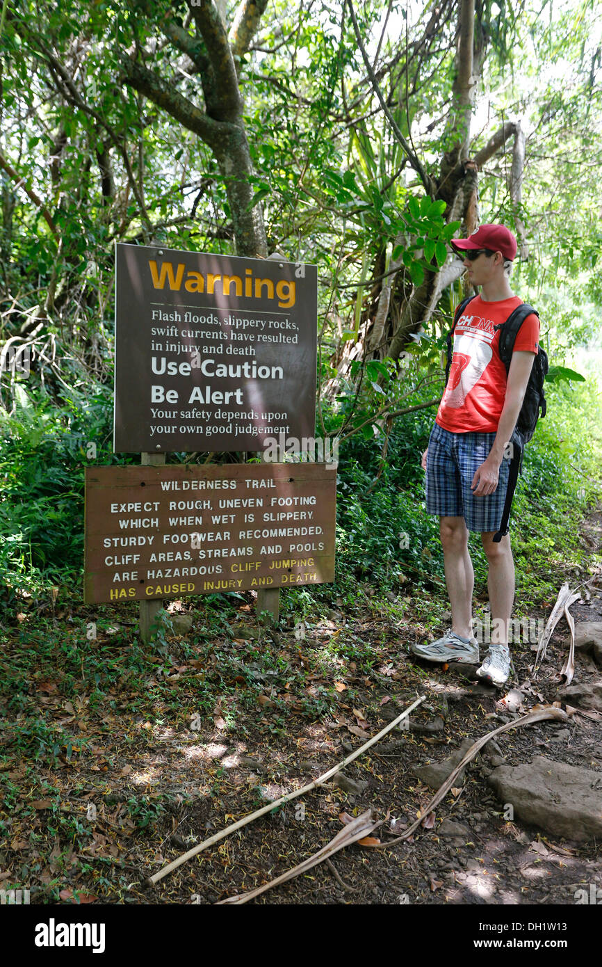 Warning sign on the Pipiwai Trail, Haleakala National Park Kipahulu section, Maui, Hawaii, USA Stock Photo