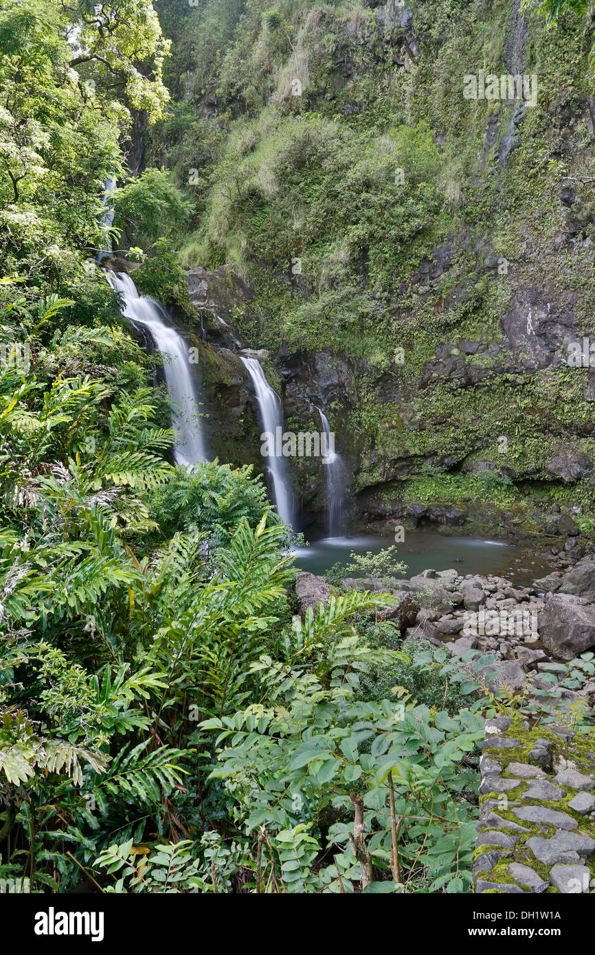 Upper Waikani Falls or Three Bear Falls, waterfalls on the Road to Hana, a famous tourist road, east coast of the island of Maui Stock Photo