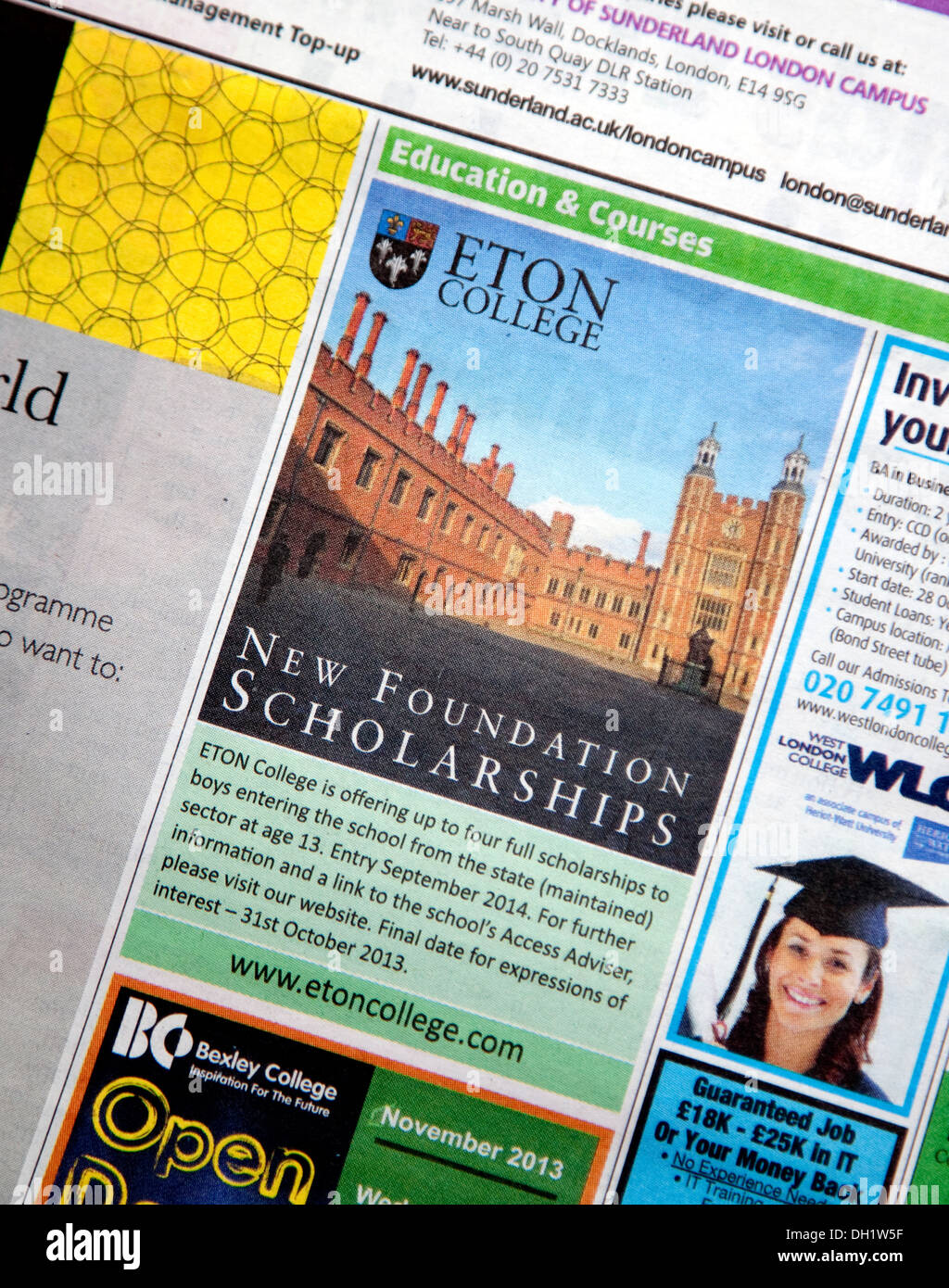 Newspaper advert for Eton College scholarships for state school boys Stock Photo