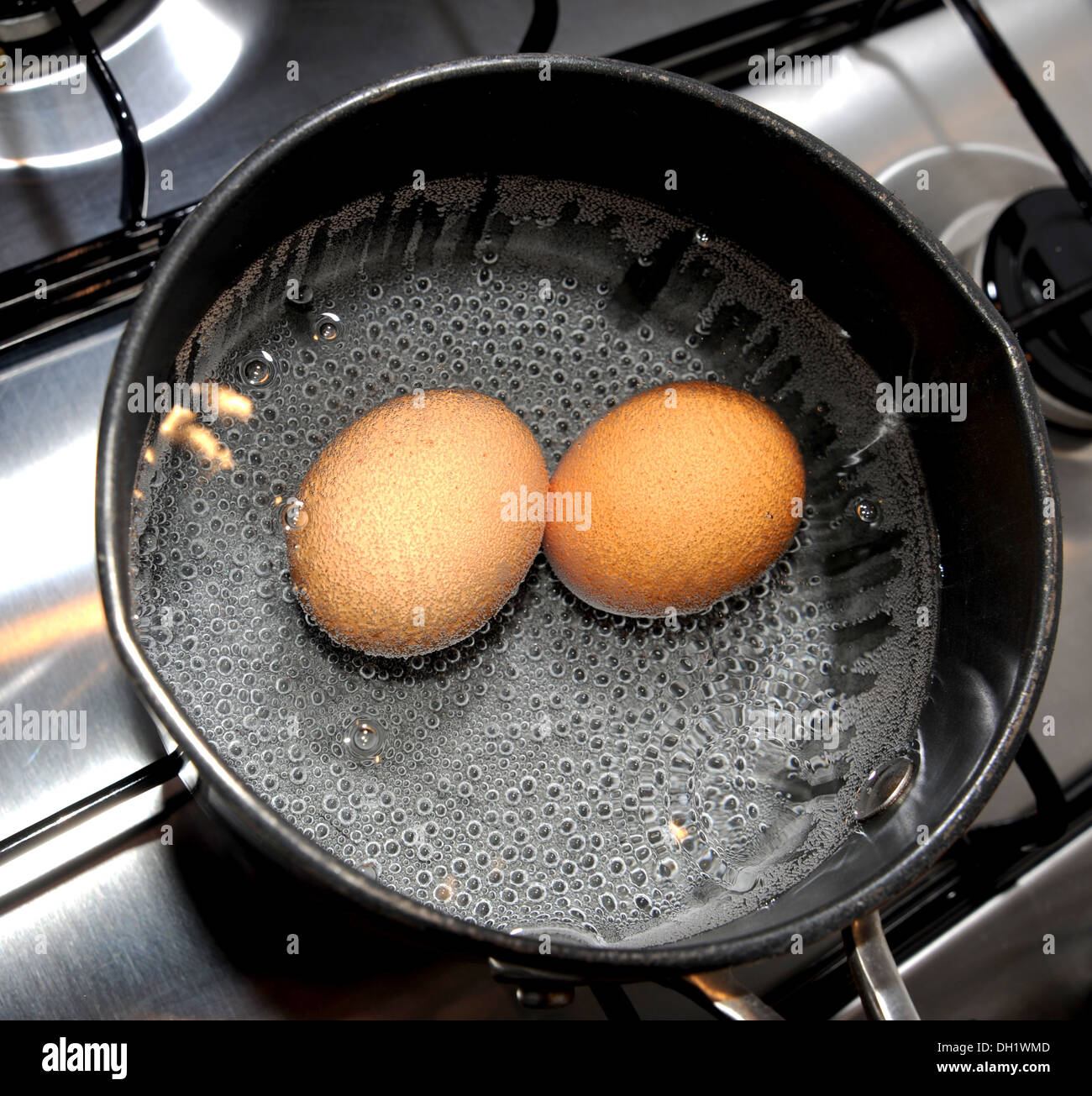 Two free range eggs boiling in a saucepan Stock Photo Alamy