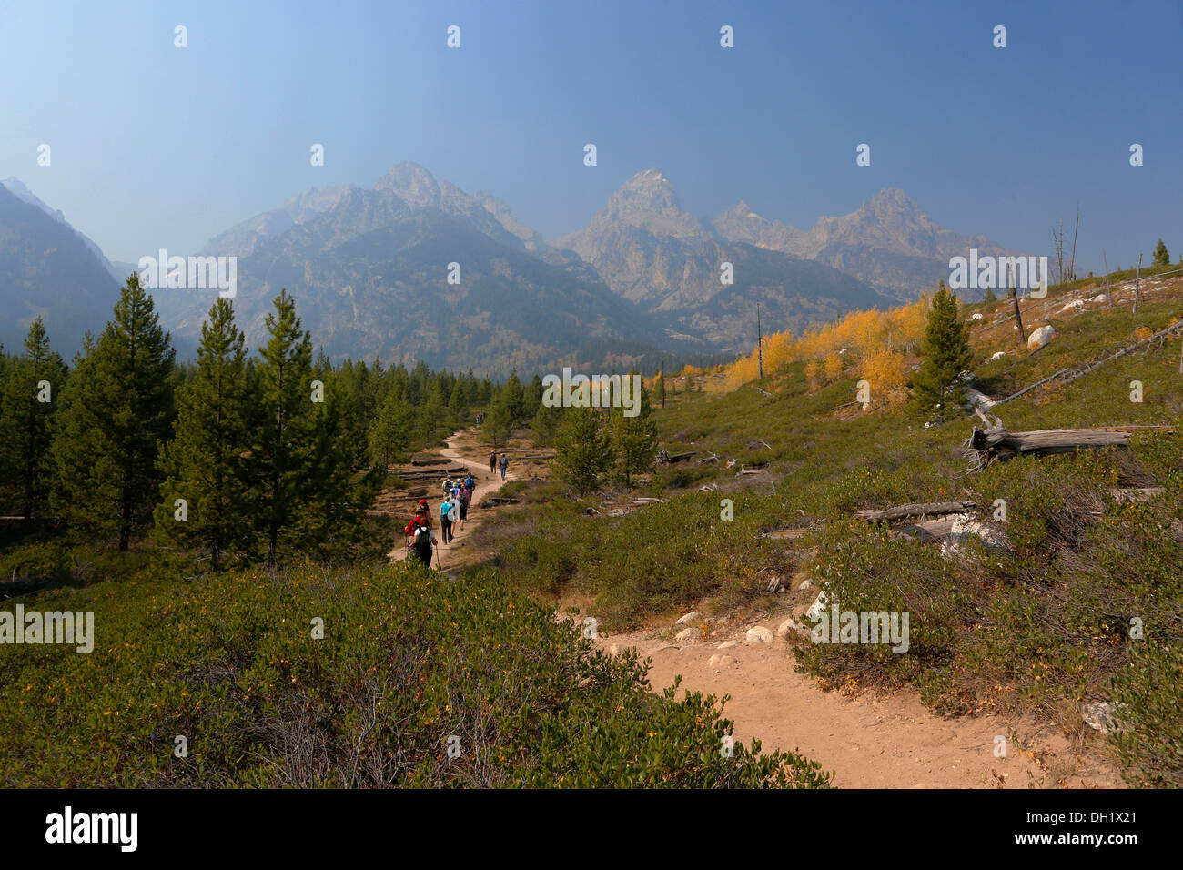 Grand Teton mountain range from the trail to Taggart Lake, Grand Teton National Park, Wyoming, USA Stock Photo