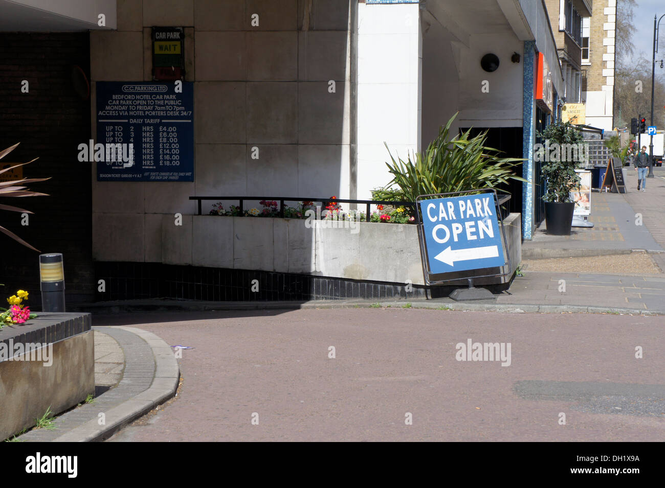 Entrance to car park, 'car park open' sign, London, England Stock Photo