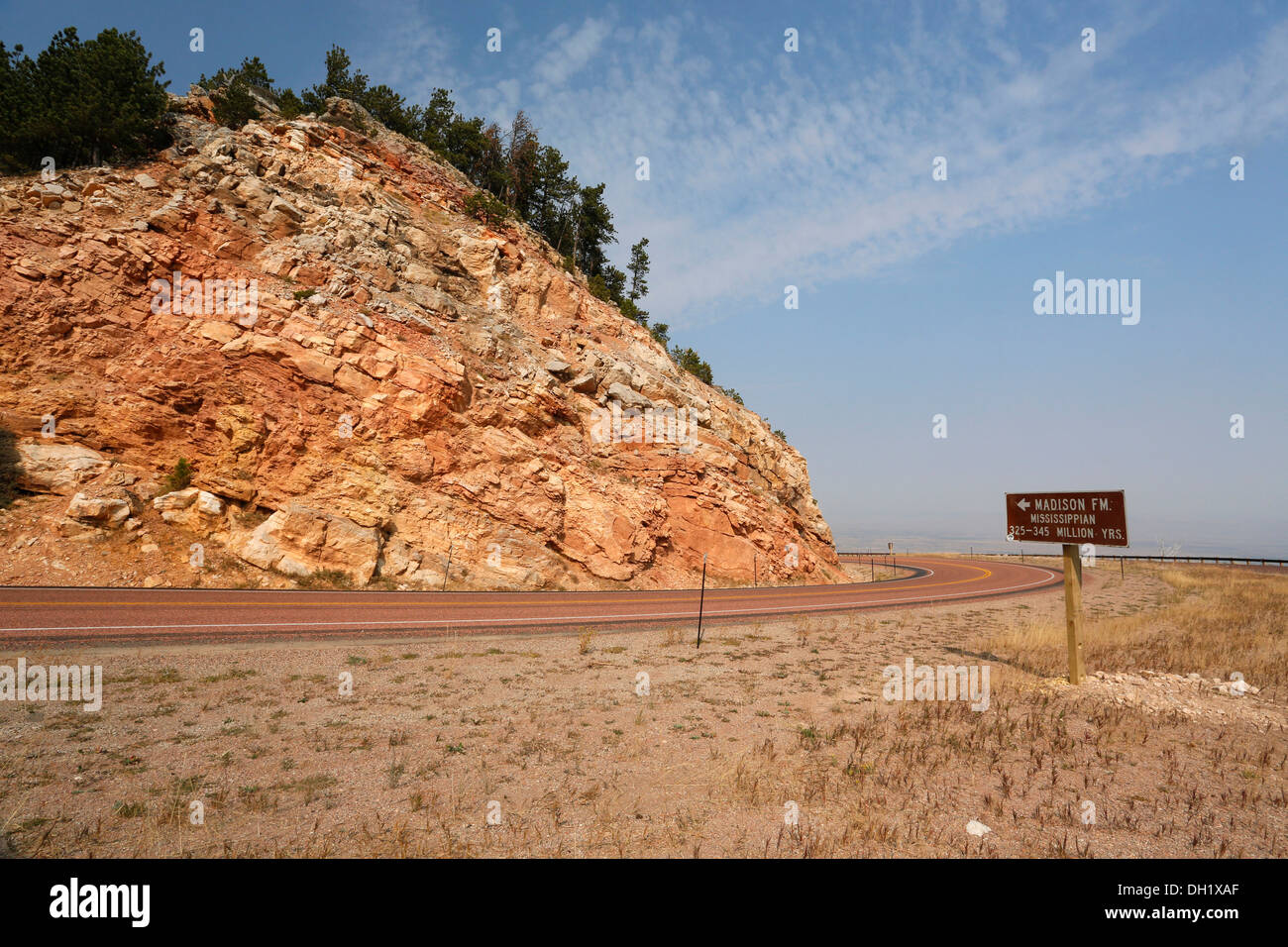 Geological sign, Madison Formation, Bighorn Scenic Byway, Wyoming, USA, America Stock Photo