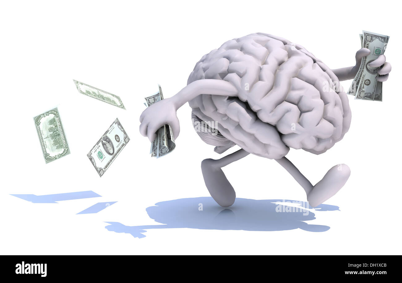 human brain with arms and legs run away with dollar notes on hands, 3d illustration Stock Photo