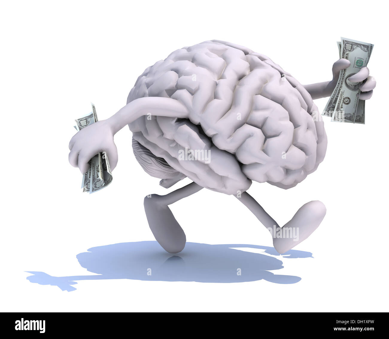 human brain with arms and legs run away with dollar notes on hands, 3d illustration Stock Photo
