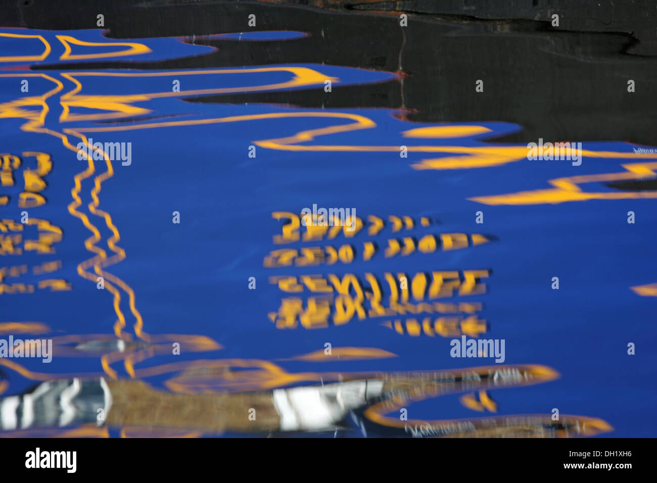 reflection of canal boat in water Stock Photo - Alamy