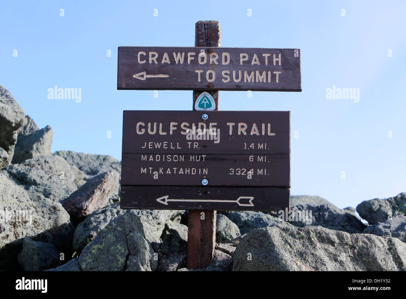 Signpost, Gulfside Trail, Appalachian Trail at the summit of Mount Washington, New Hampshire, USA Stock Photo