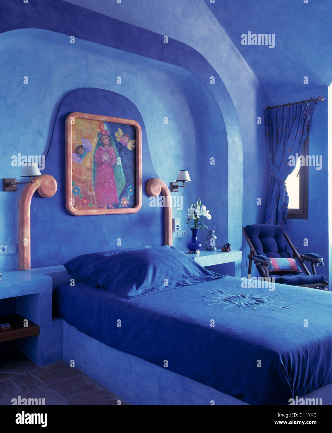 Bright Blue Bed Cover And Pillow On Fitted Bed In Blue