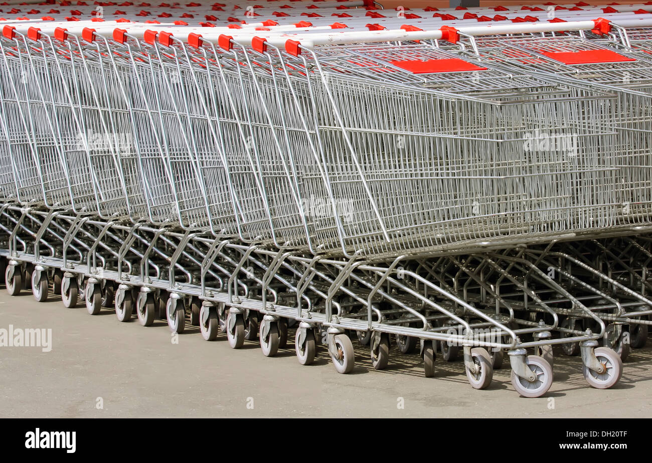 A lot of metal carts on wheels for shopping, food, stand in a row near