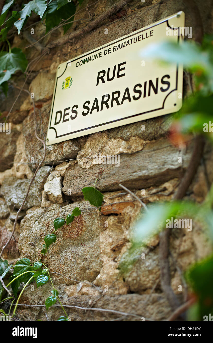 Rue Des Sarrasins street sign, Ramatuelle, France. Stock Photo