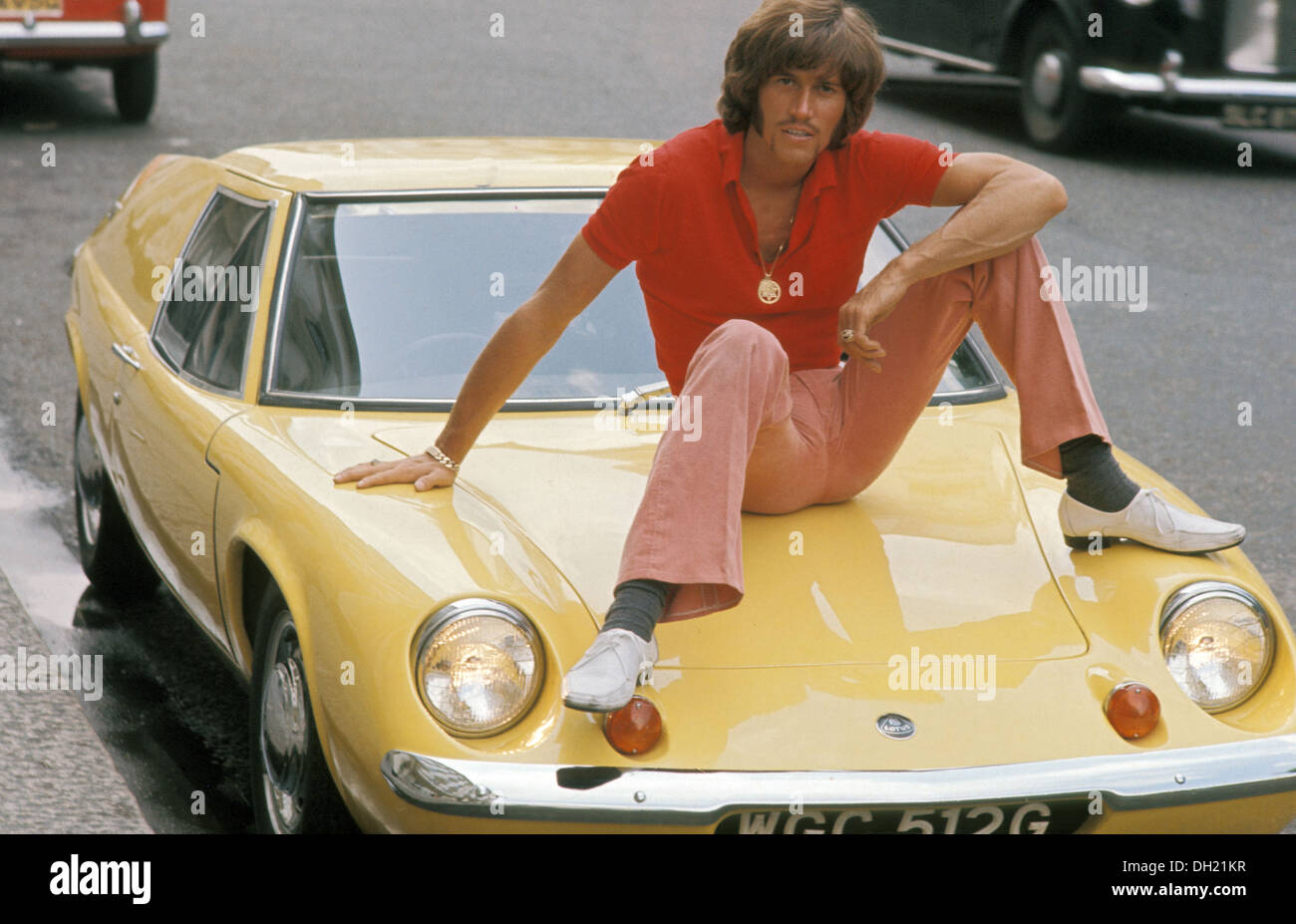 BEE GEES   Barry Gibb and his Lotus Elite S2 outside his London home in Eaton Square,June 1968. Photo Tony Gale Stock Photo