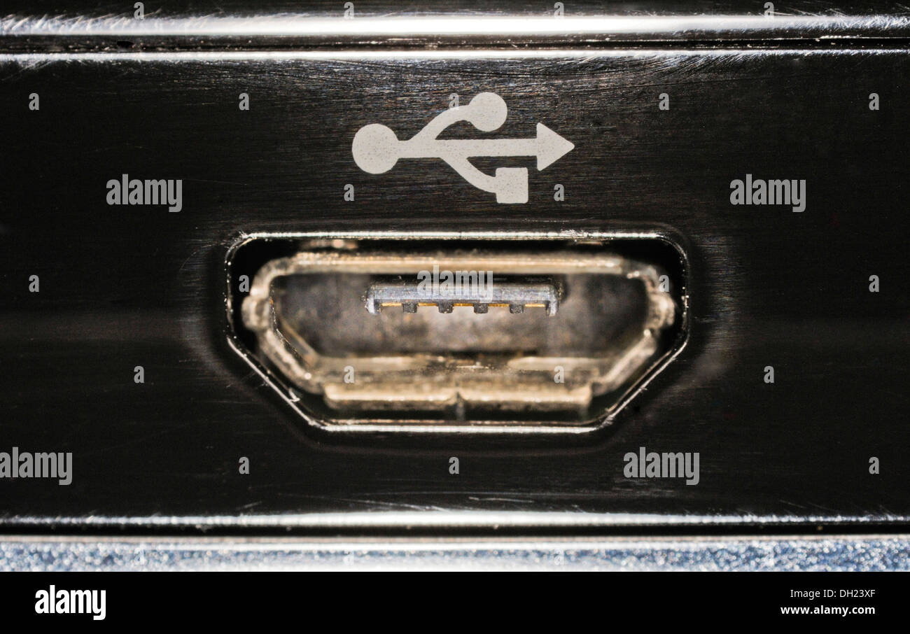 Mini-USB port, connection on a tablet PC Stock Photo