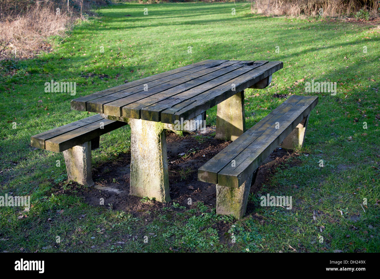 Countryside Public Picnic Bench Winter Moss Cold Stock Photo